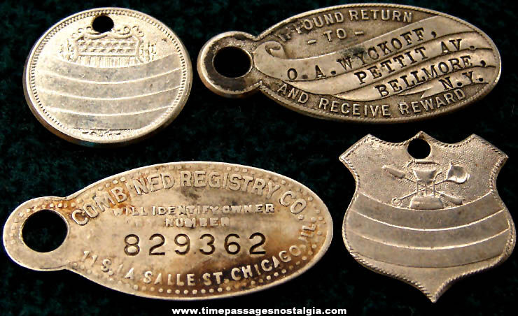 (4) Different Old Metal Identification Key Chain Tags