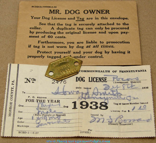1937 & 1938 Monroe County Pennsylvania Dog Tag & License with Envelope