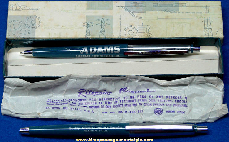 (2) Old Unused Adams Aircraft Engineering Company Advertising Ritepoint Ink Pens with Packaging