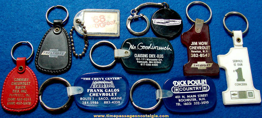 (9) Different Old Chevrolet Automobile Advertising Premium Key Chains and Key Rings