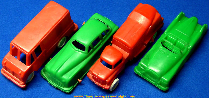 (4) Different Small Old Plastic Toy Automobiles and Trucks