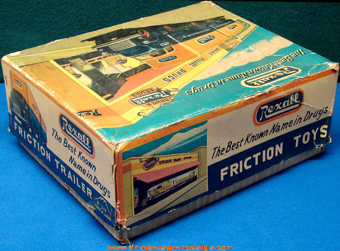 Rare Early 1950s Rexall Drug Advertising Friction Tin Toy Tandem Truck Box