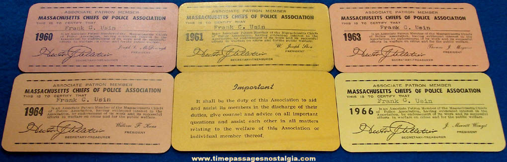 (6) 1960 - 1966 Massachusetts Chiefs of Police Association Membership Cards