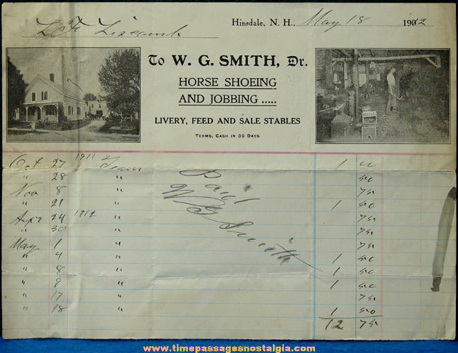 1912 Hinsdale New Hampshire Blacksmith & Livery Stable Advertising Invoice Receipt