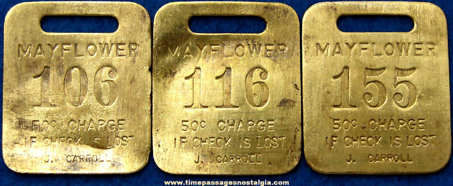 (3) Old Numbered Brass Metal Mayflower Advertising Check or Fob Charms