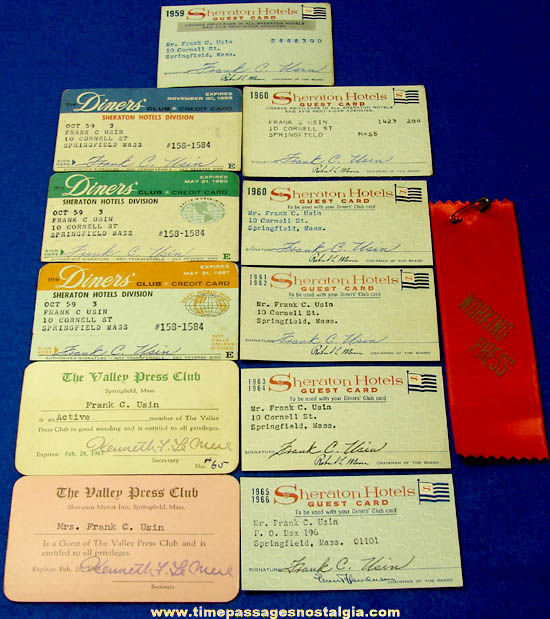 (12) 1959 - 1966 Sheraton Hotels Advertising Guest Cards Press Passes & Ribbon