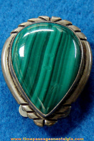 Old Sterling Silver Bolo Neck Tie Slide with Polished Malachite Stone