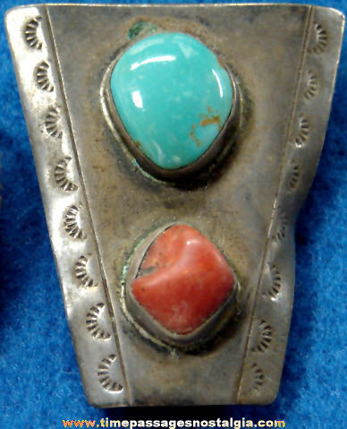 Old Metal Bolo Neck Tie Slide with Polished Turquoise & Coral Stones
