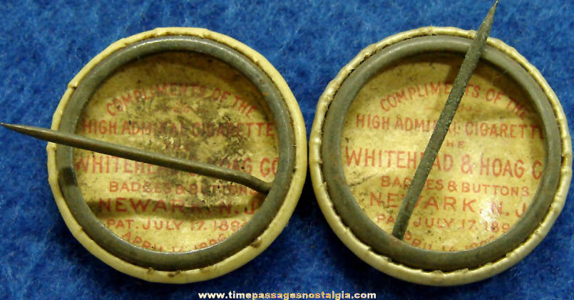 (2) 1896 High Admiral Cigarette Premium Celluloid Pin Back Buttons With Sayings
