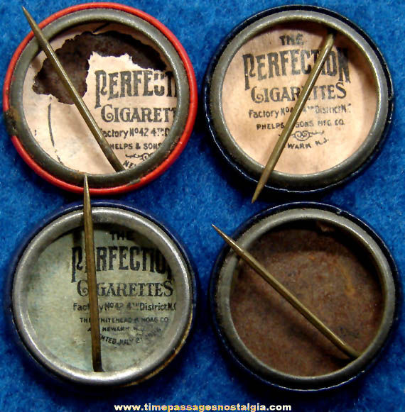 (4) 1896 Perfection Cigarette Premium Celluloid Pin Back Buttons With Sayings