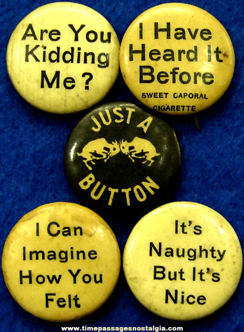 (5) 1896 Whitehead & Hoag Company Premium Celluloid Pin Back Buttons With Sayings