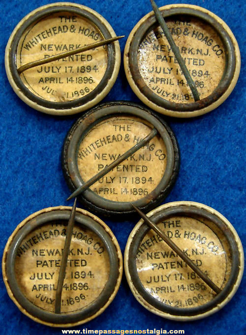 (5) 1896 Whitehead & Hoag Company Premium Celluloid Pin Back Buttons With Sayings