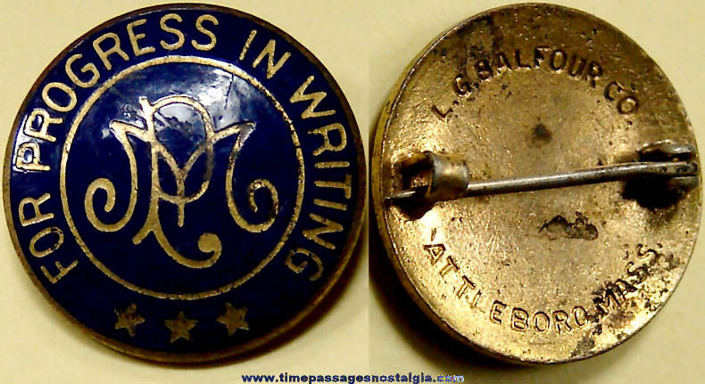 Old Enameled Brass Palmer Method Progress In Writing Award Pin