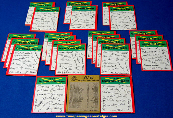 (23) 1974 Baseball Team Signature Checklist Baseball Cards