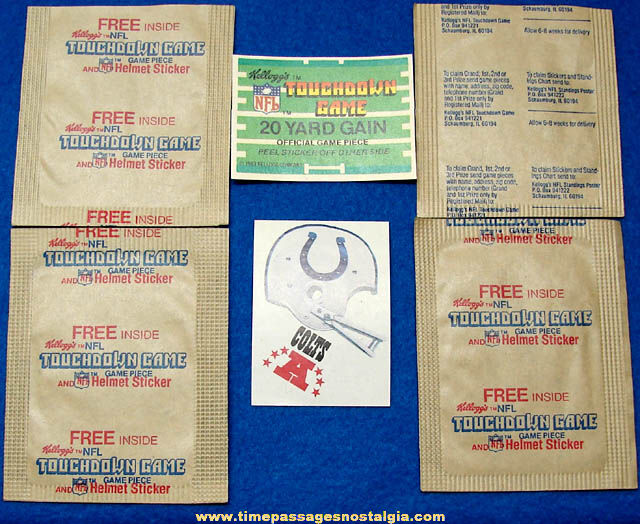 (4) Unused ©1983 Kellogg’s Cereal Prize Football Touchdown Game Advertising Sticker with Wrappers