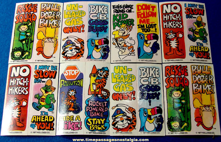 (8) Colorful Unused ©1977 Kellogg’s Cereal Advertising Character Stickers & Tattoo Card Prizes