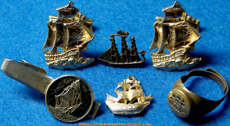 (6) Old Metal Sailing Ship Nautical Jewelry Items