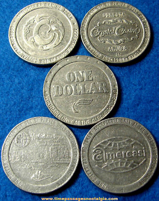 (5) Old Aruba Gambling Casino Advertising Slot Machine Dollar Gaming Token Coins