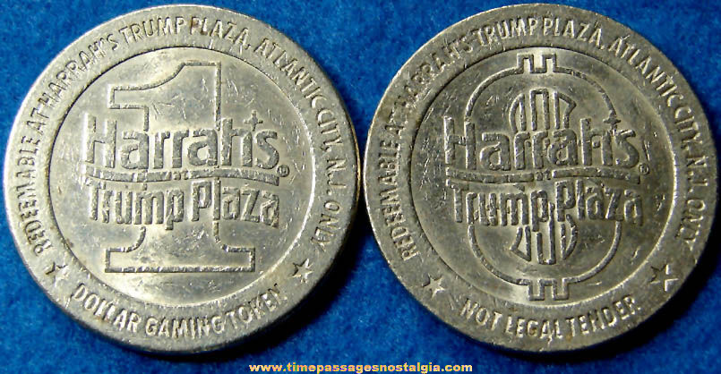 (2) Old Harrah’s Trump Plaza Gambling Casino Advertising Slot Machine Dollar Gaming Token Coins