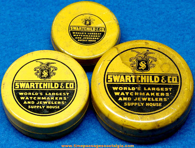 (3) Old Swartchild & Company Watch Parts Advertising Tin Containers