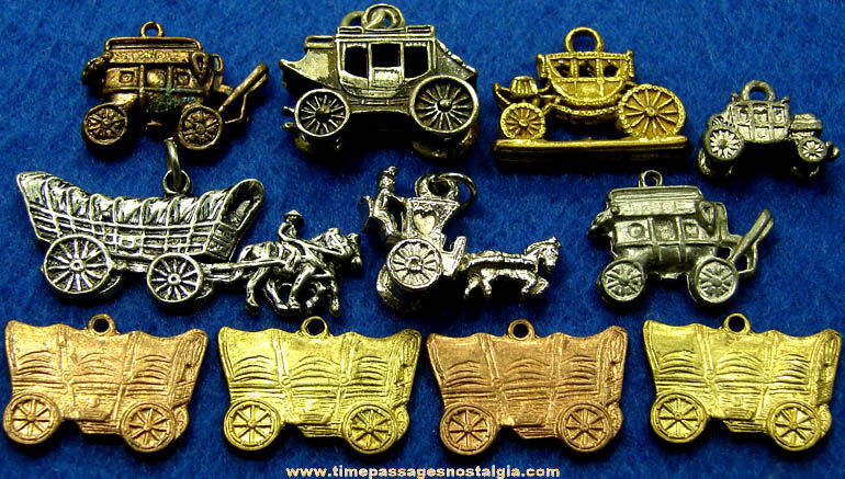 (11) Old Miniature Carriage & Wagon Metal Necklace Pendants or Charm Bracelet Jewelry Charms