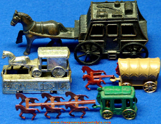 (4) Old Miniature Metal Toy Horse Drawn Carriage & Wagon Vehicles