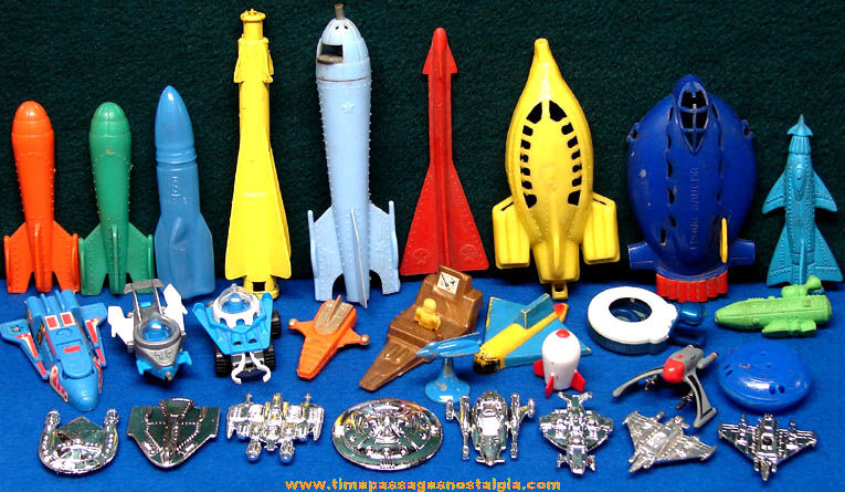 (29) Colorful Old Plastic Rocket and Space Ship Toys