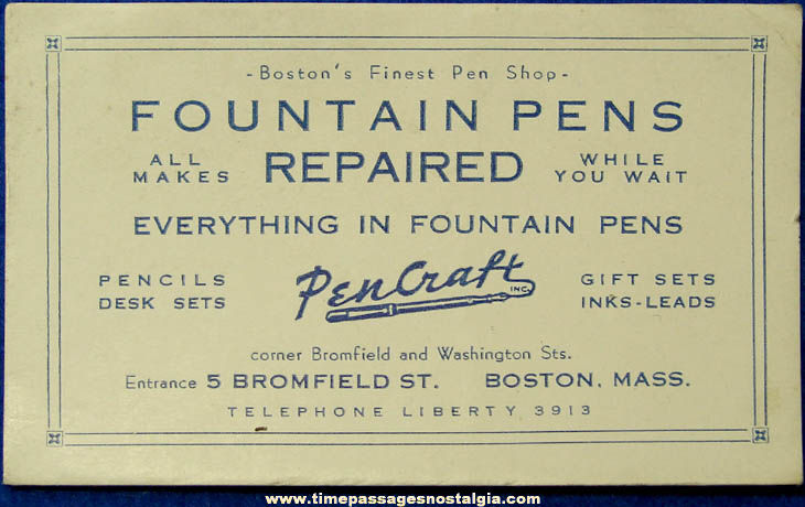 Old Boston Massachusetts Pencraft Fountain Pen Advertising Blotter Business Card