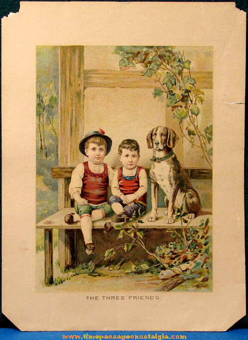 Colorful Old ’’The Three Friends’’ Lithographed Boys and Their Dog Art Print