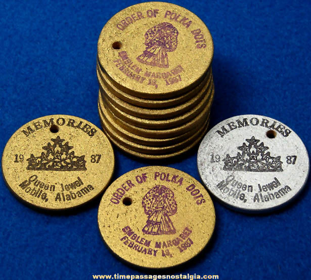 (11) 1987 Order of Polka Dots Mystic Society Advertising Mardi Gras Wooden Nickel Token Coins