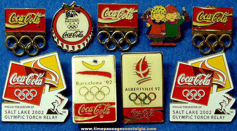 (9) 1991 - 2002 Enameled Coca Cola Soda Advertising Olympic Sports Pins