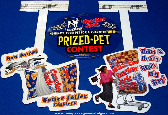 (3) Different Unused Cracker Jack Pop Corn Confection Advertising Grocery Store Shelf Signs