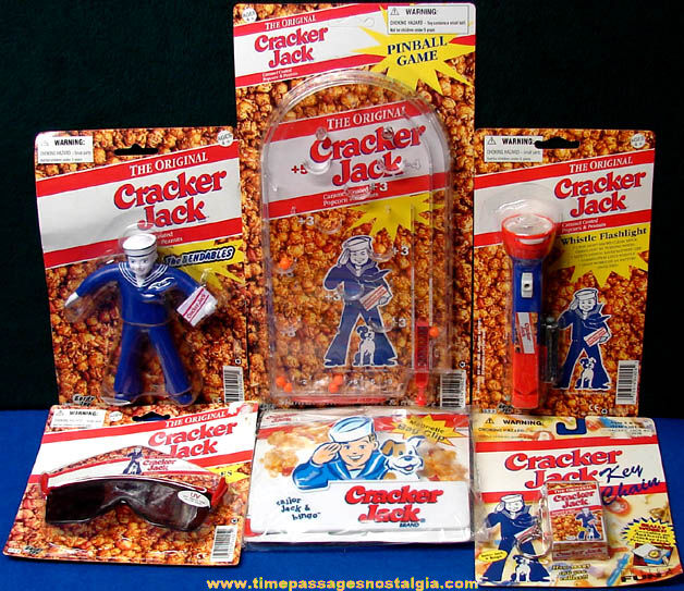(6) Different Colorful Unopened Cracker Jack Pop Corn Confection Advertising Toy Items