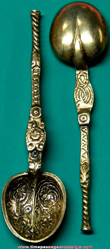 (2) Matching Ornate Miniature Brass or Bronze Serving Spoons