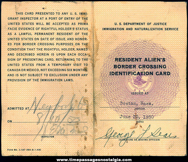 1950 United States Department of Justice Resident Alien Border Crossing Identification Card