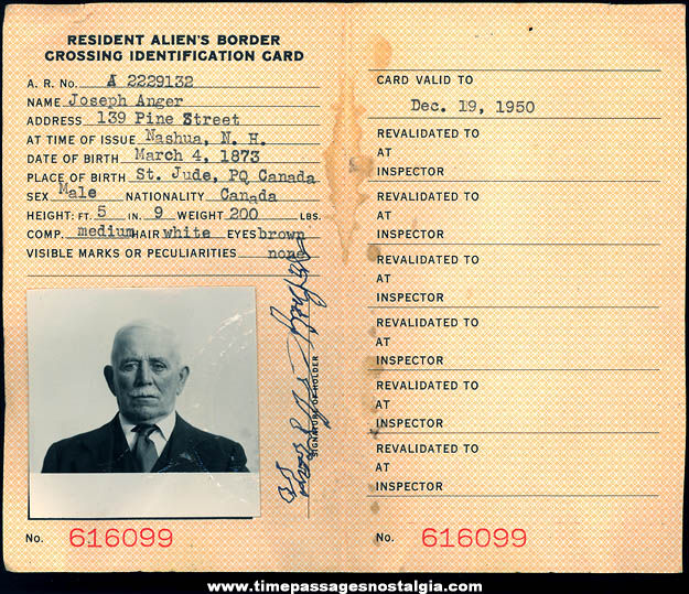 1950 United States Department of Justice Resident Alien Border Crossing Identification Card