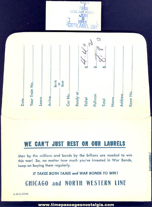 (2) 1943 World War II United States Army Soldier Train Ticket & Envelope