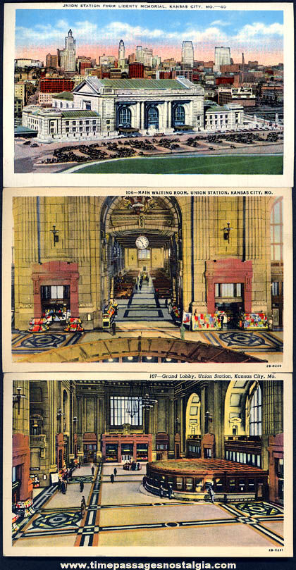 (3) Colorful Old Kansas City Missouri Union Station Advertising Linen Post Cards