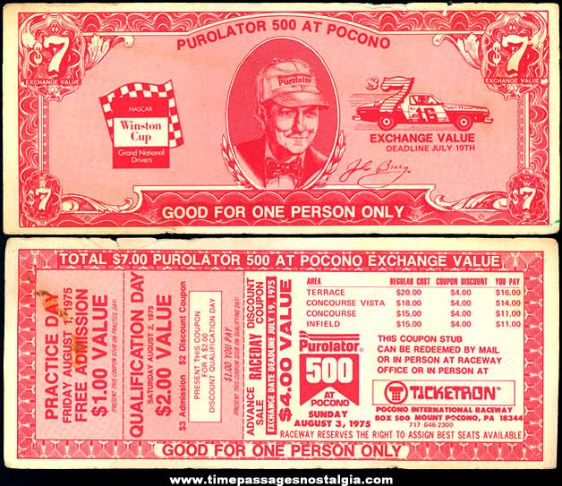 1975 Purolator 500 at Pocono Nascar Auto Race Advertising $7.00 Bill Discount Coupon