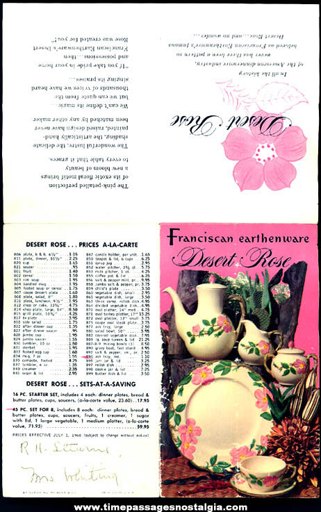 1960 Franciscan Earthenware Desert Rose Dinnerware or Tableware Advertising Brochure