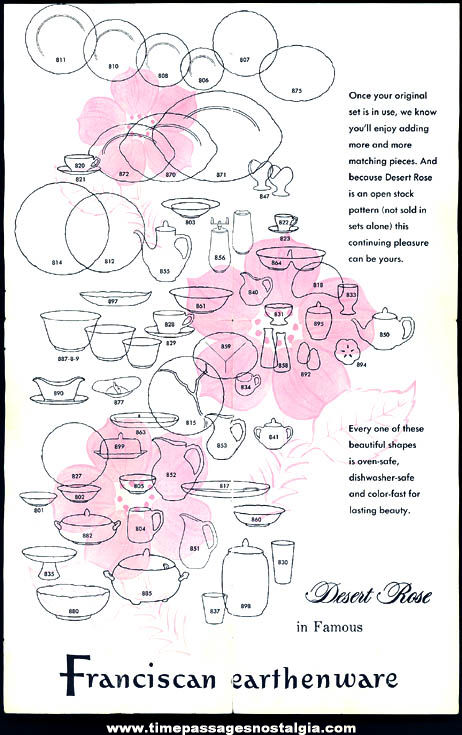 1960 Franciscan Earthenware Desert Rose Dinnerware or Tableware Advertising Brochure