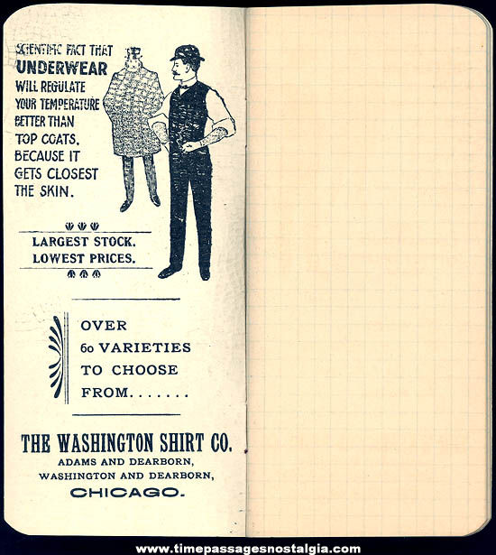 Unused 1900 Washington Shirt Company Advertising Premium Calendar Note Booklet