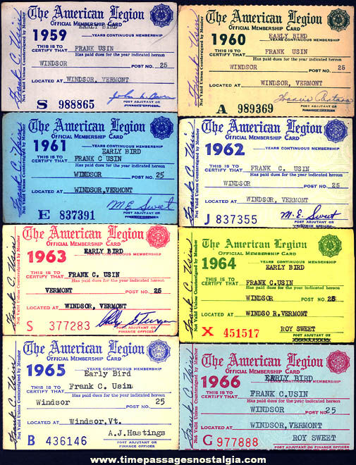 (8) 1959 - 1966 Windsor Vermont American Legion Advertising Membership Cards