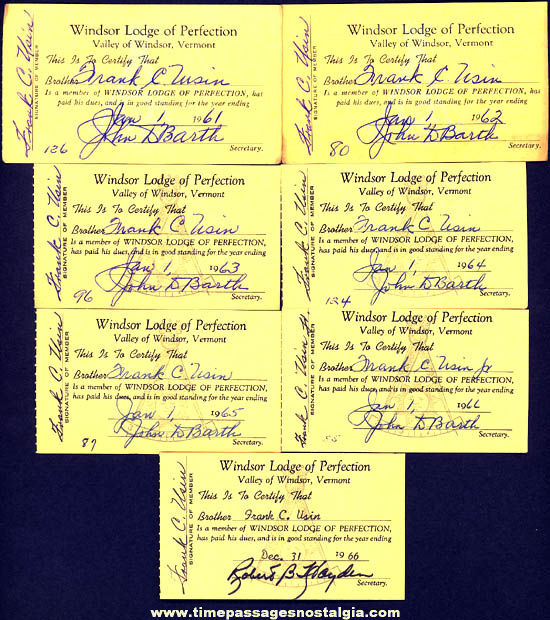 (7) 1961 - 1966 Windsor Lodge of Perfection Windsor Vermont Masonic Advertising Membership Cards