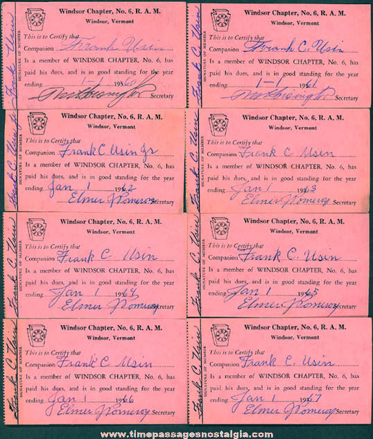 (8) 1960 - 1967 Windsor Vermont Chapter No. 6 Royal Arch Masons Advertising Membership Cards