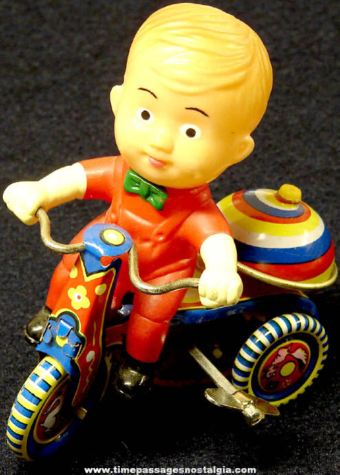 Colorful Lithographed Tin & Plastic Key Wind Up Boy on Tricycle Mechanical Toy
