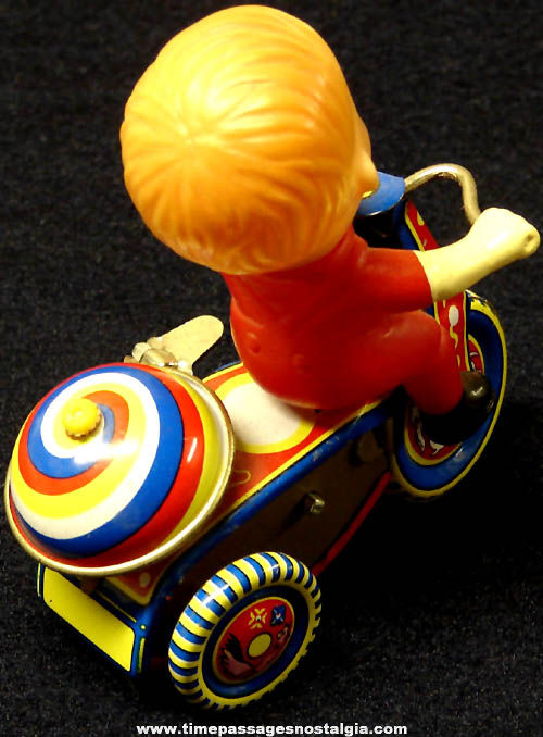 Colorful Lithographed Tin & Plastic Key Wind Up Boy on Tricycle Mechanical Toy