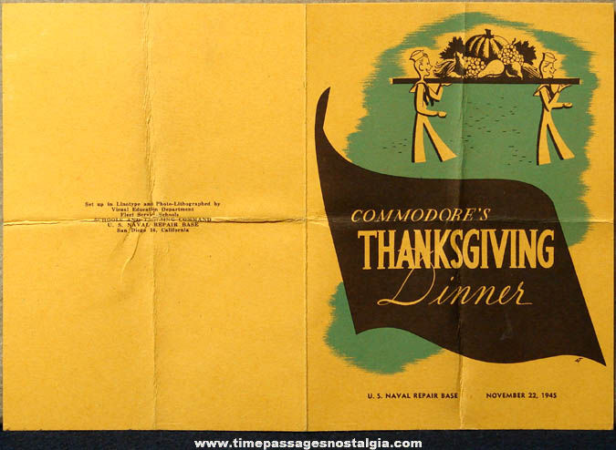 1945 United States Naval Repair Base San Diego California Thanksgiving Dinner Menu