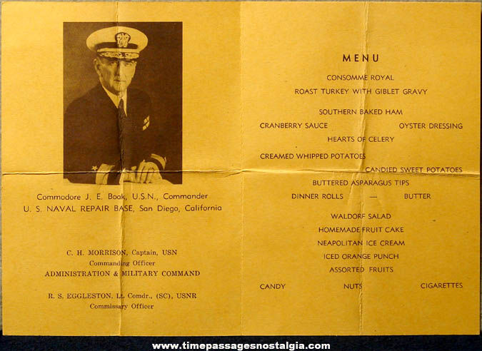 1945 United States Naval Repair Base San Diego California Thanksgiving Dinner Menu