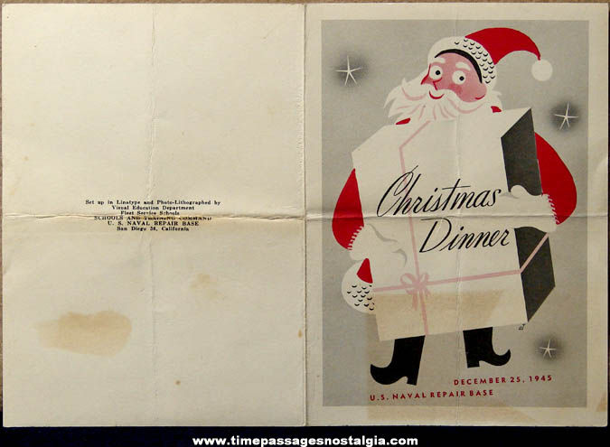 1945 United States Naval Repair Base San Diego California Christmas Dinner Menu